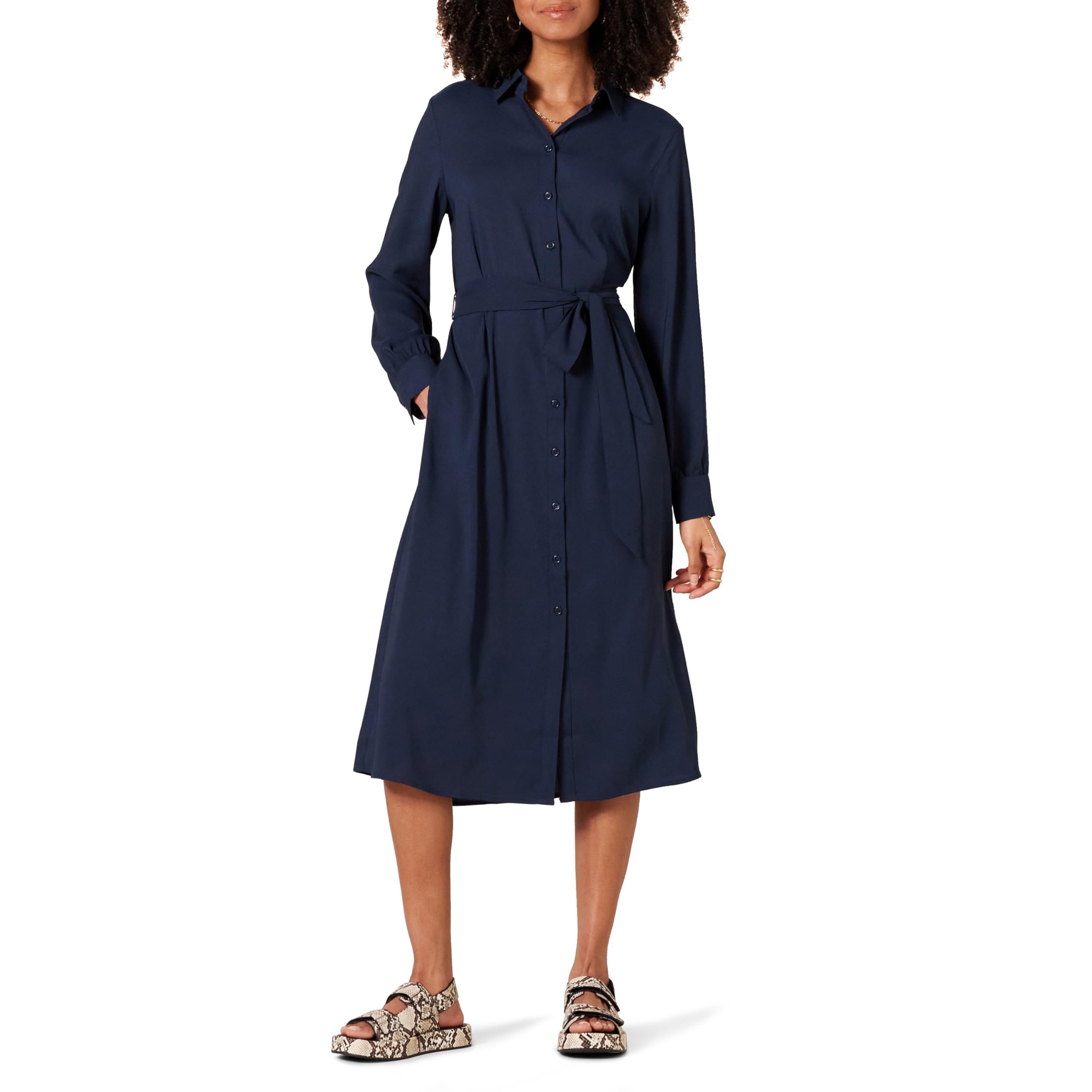 Amazon Essentials Women's Long-Sleeve Midi Shirt Dress for Work and Office, Navy, XXL