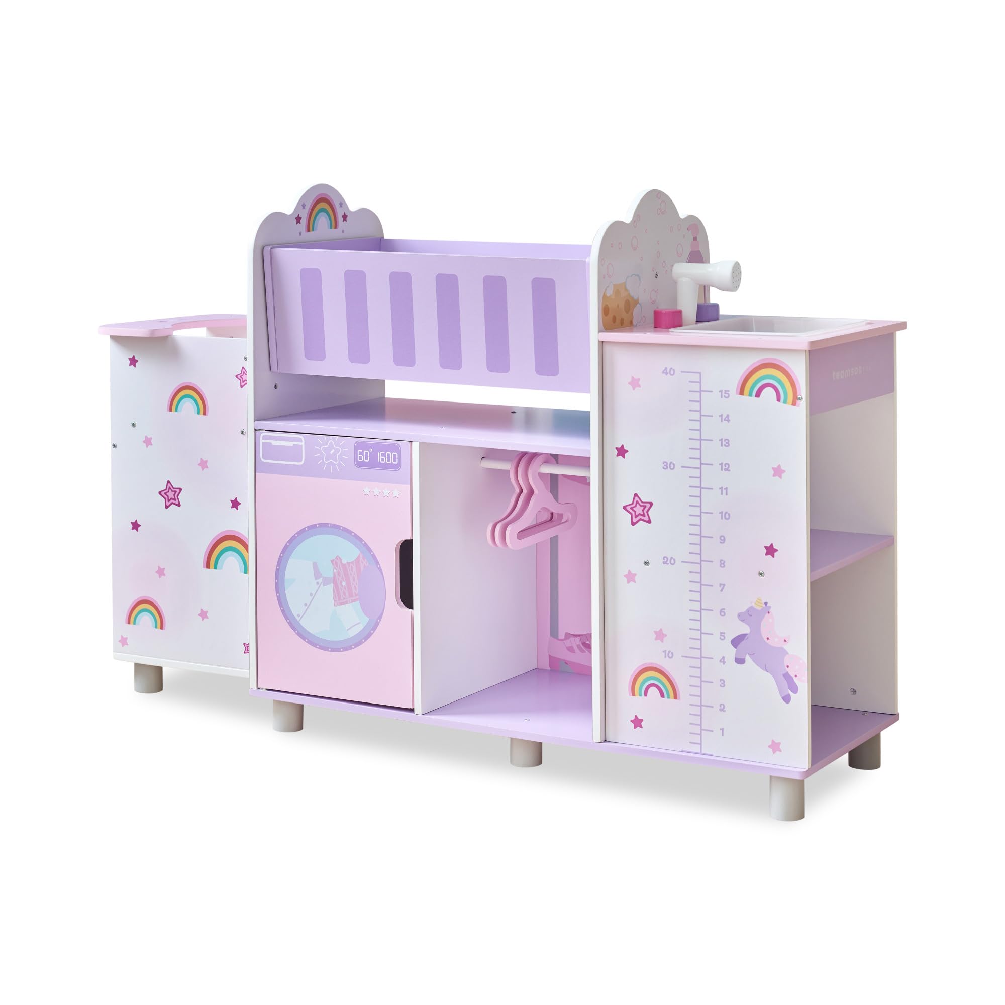 Olivia's Little World Nursery 6 w 1 drewniana lalka z łóżeczkiem, zlewem, wysokim krzesłem, szafką, pralką i wbudowanym przechowywaniem