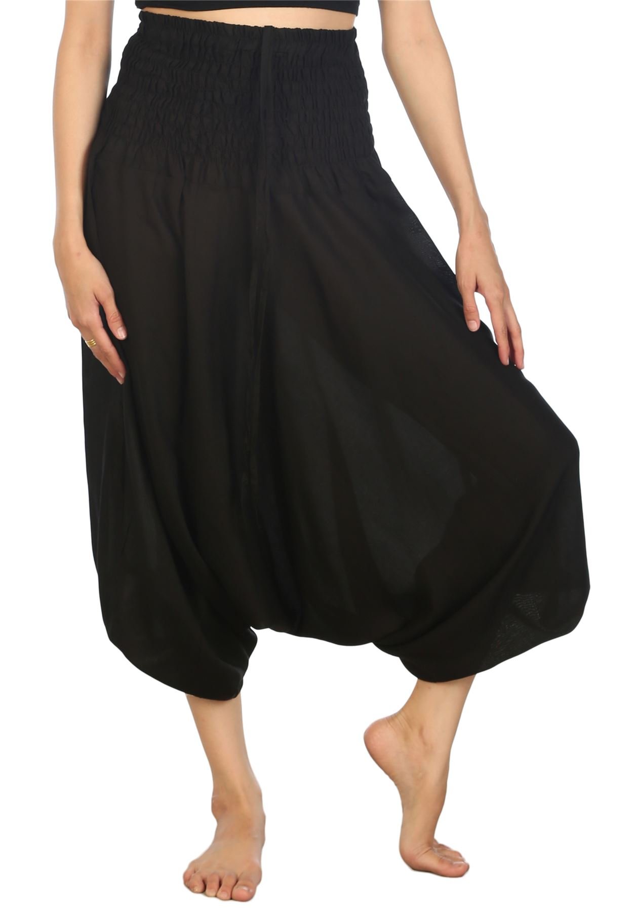 Lofbaz Women's Solid Smocked Waist 2 in 1 Harem Jumpsuit Pants Black XL