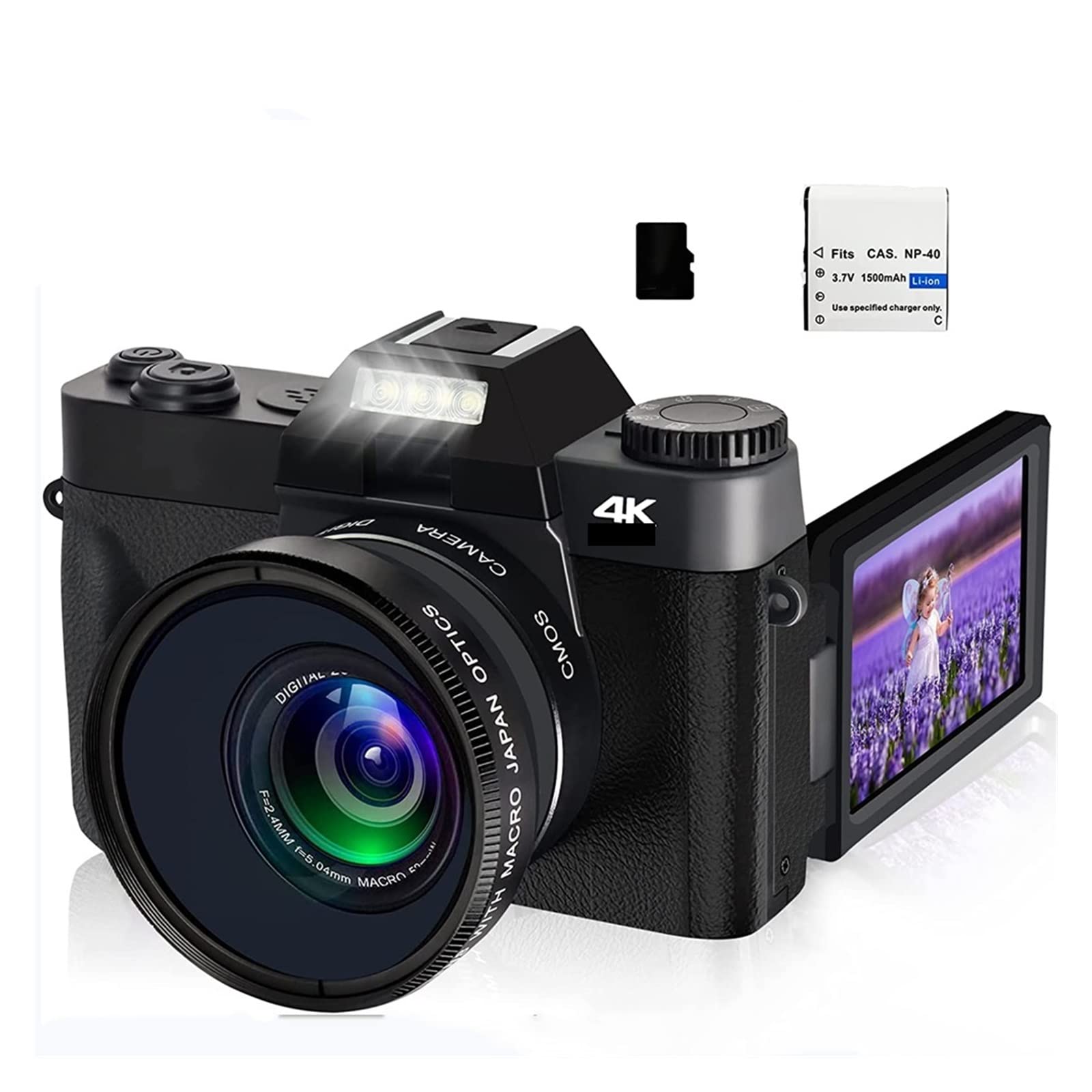 Caméra vidéo Caméscope Appareil Photo numérique 48MP Caméscope 4K Vlog 3.0quot;Webcam Selfie à écran Rabattable 180 ° for Objectif Macro Grand Angle(64G TFCard,with Lens Filter)