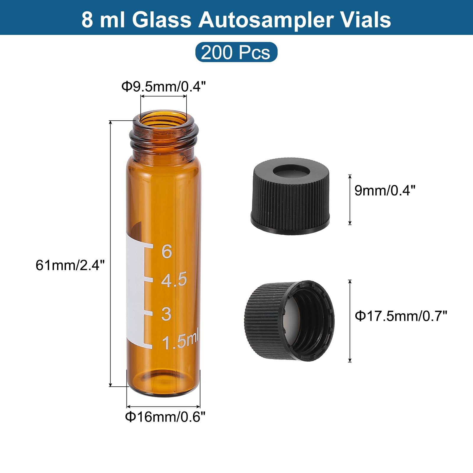 PATIKIL Viales Muestreo Automático 8 ml00 Viales HPLC/GC Con Septos Pre-Cortados 9-425 Viales Laboratorio Ámbar Con Tapa Negra Rosca Y Parche Escritura PTFE Silicona