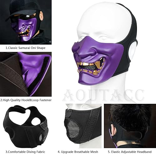 Miniatura 19 de AOUTACC Mascarillas de media cara Airsoft, monstruo demonio malvado, Kabuki, Samurai, Hannya Oni, máscaras protectoras de media cara, baile