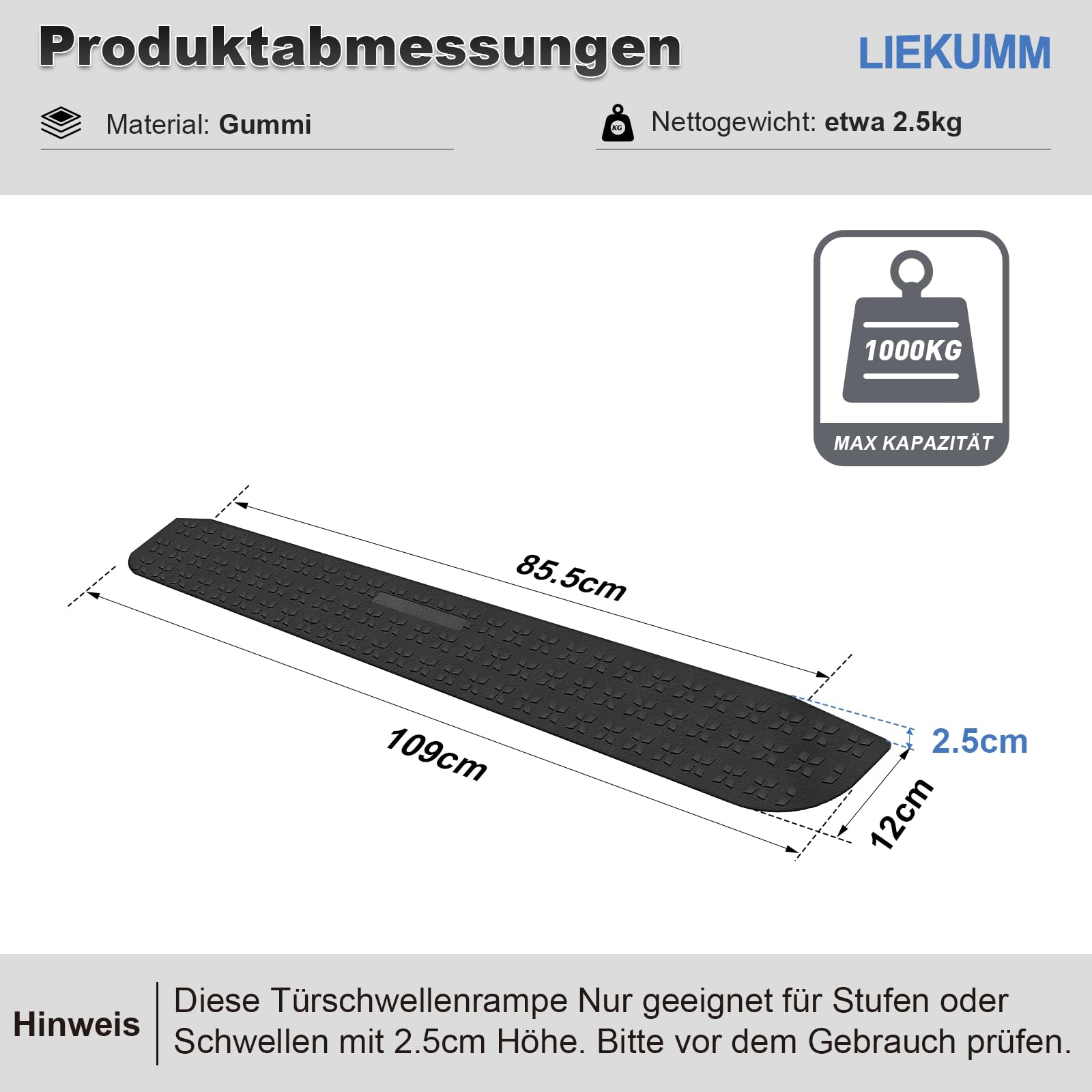 LIEKUMM Gummi Türschwellenrampe 2,5 cm Höhe, rutschfeste Rollstuhlrampe mit Polarstern-Muster, 1000 kg Tragkraft Rollstuhlrampe für Türöffnungen, Stufen, Bordsteine, Scooter, Kinderwagen, Motorrad