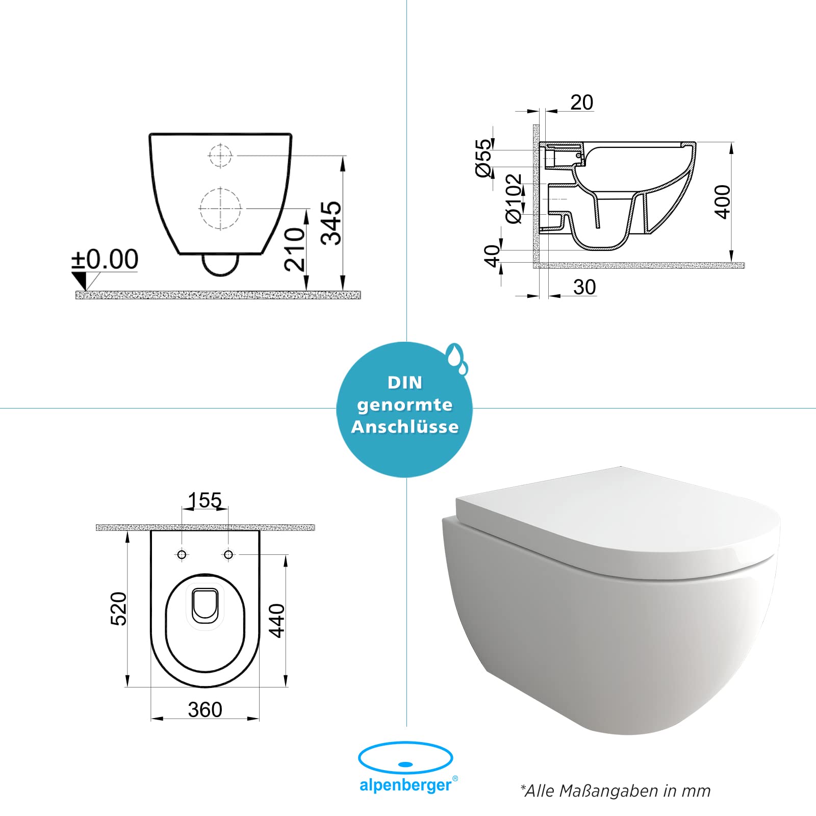 Alpenberger - Inodoro de ducha 2 en 1 con bidé y inodoro con asiento de descenso automático, con función bidé, nanorrevestimiento, efecto loto
