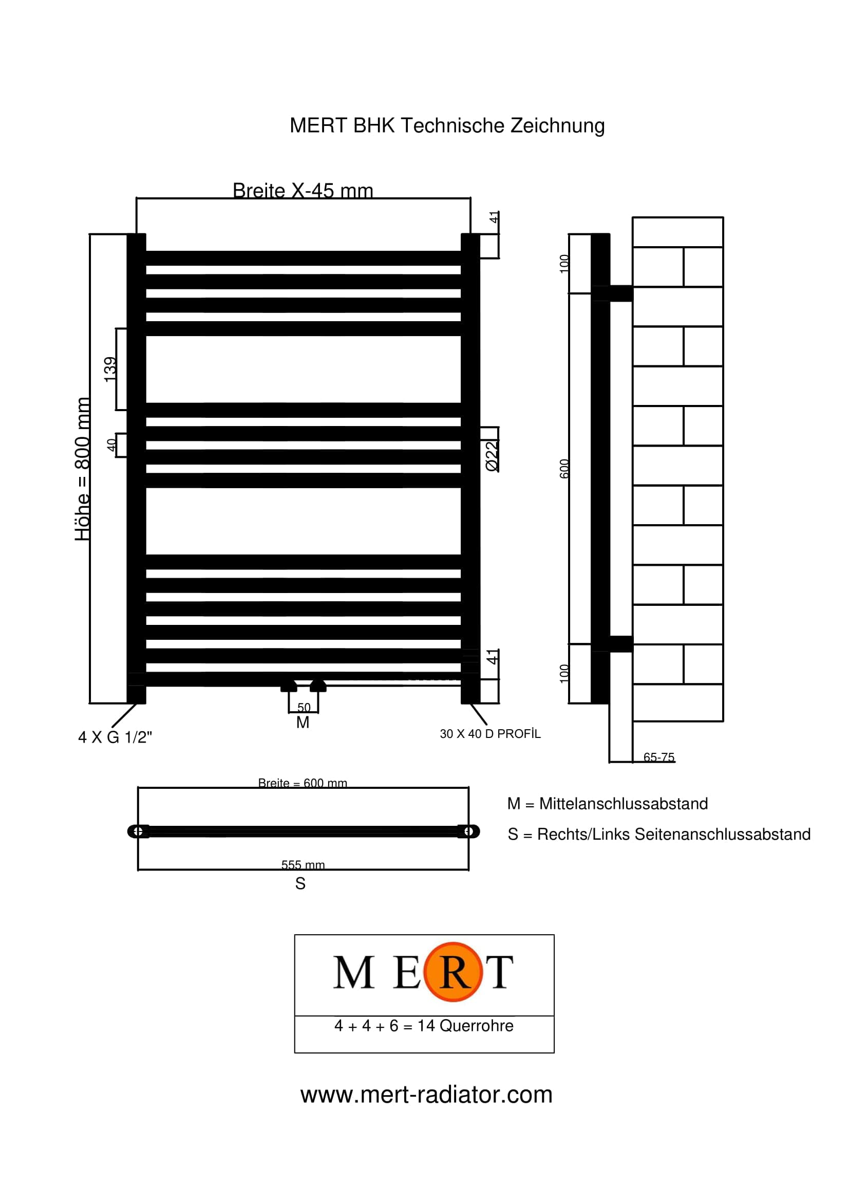Mert Ogrzewanie elektryczne lub ciepłej wody 1/2 cala, grzejnik łazienkowy, 800 x 600, przyłącze środkowe, 50 mm, biały, wieszak na ręczniki, do montażu na ścianie