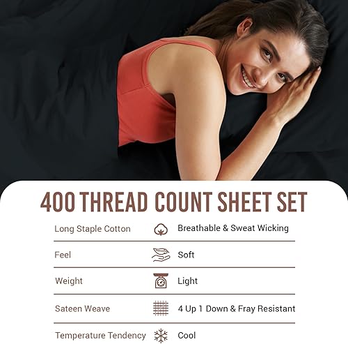 Miniatura 4 de Pizuna Sábanas de algodón puro 100% tamaño individual, lujosas sábanas de satén de algodón de fibra larga de 400 hilos, tamaño individual con