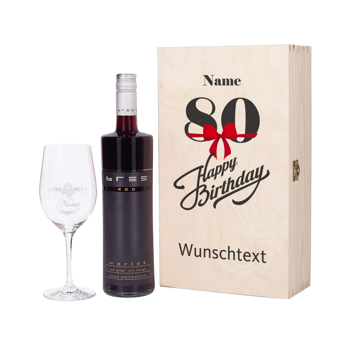 Herz & Heim® Bree Weingeschenk zum 80. Geburtstag mit graviertem Weinglas und Bree Wein zur Auswahl in Weinkiste mit Aufdruck Rot