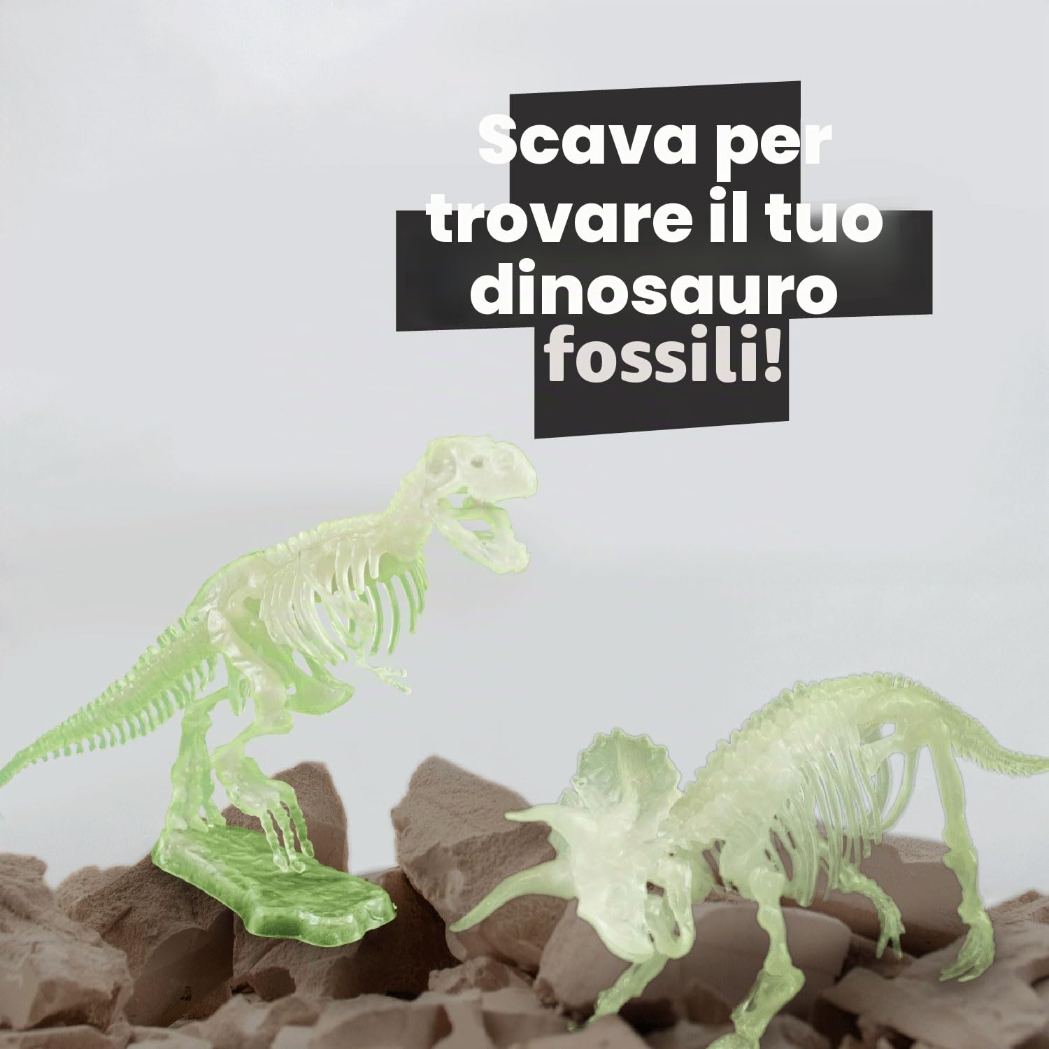 Science4you Kit Dinosauri 2 in 1 - Fossili da Scavare che si Illuminan al Buio di 2 Dinosauri: T Rex e Triceratopo, Scheletro Dinosauro, Giocattoli per Bambini 6 7 8 9+ Anni