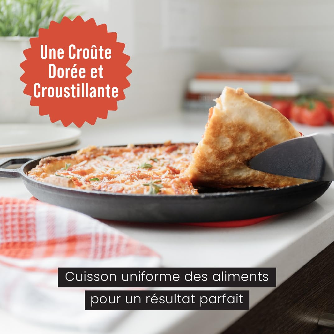 Chef Pomodoro - Plaque Pizza Four avec Poignées - Poêle En Fonte Antiadhésif pour Cuisinière, Four, Bbq, Feu de camp - Assiette a Pizza et Plaque de Cuisson pour Préparer, Griller, 30 cm
