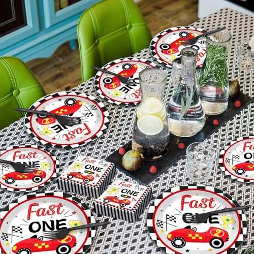 Image of Fast One Birthday Decorations for Boys Racing Car 1st Birthday Party Supplies Fast One Plates Napkins Forks Checked Race Car Disposable Paper Plates Tableware Set for Kids Favors Serve 25