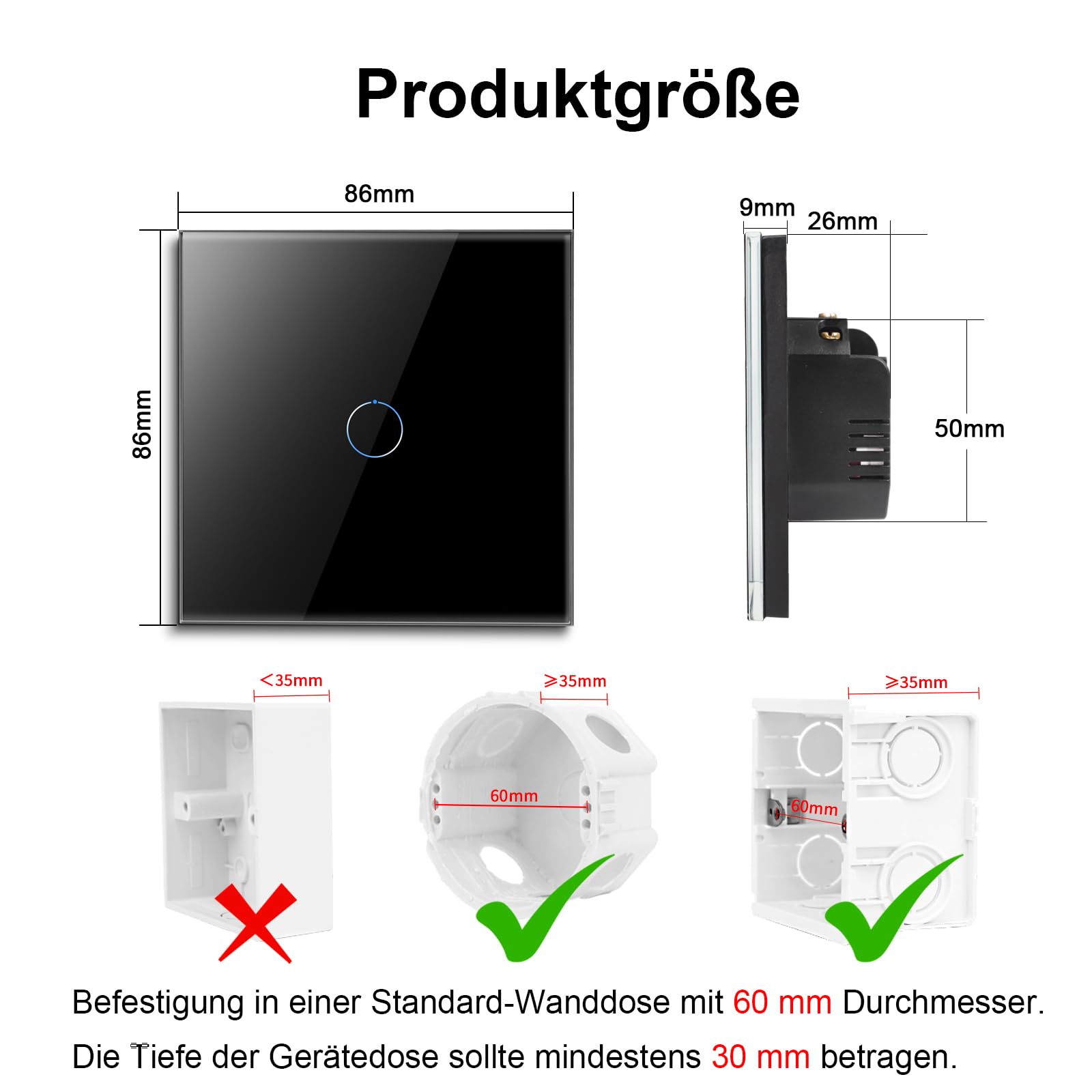 CNBINGO Touch Lichtschalter,Glas Lichtschalter Unterputz 1 Fach 2 Weg Wandschalter mit Glasrahmen 86mm Touch Schalter,Weiß,4 PCS