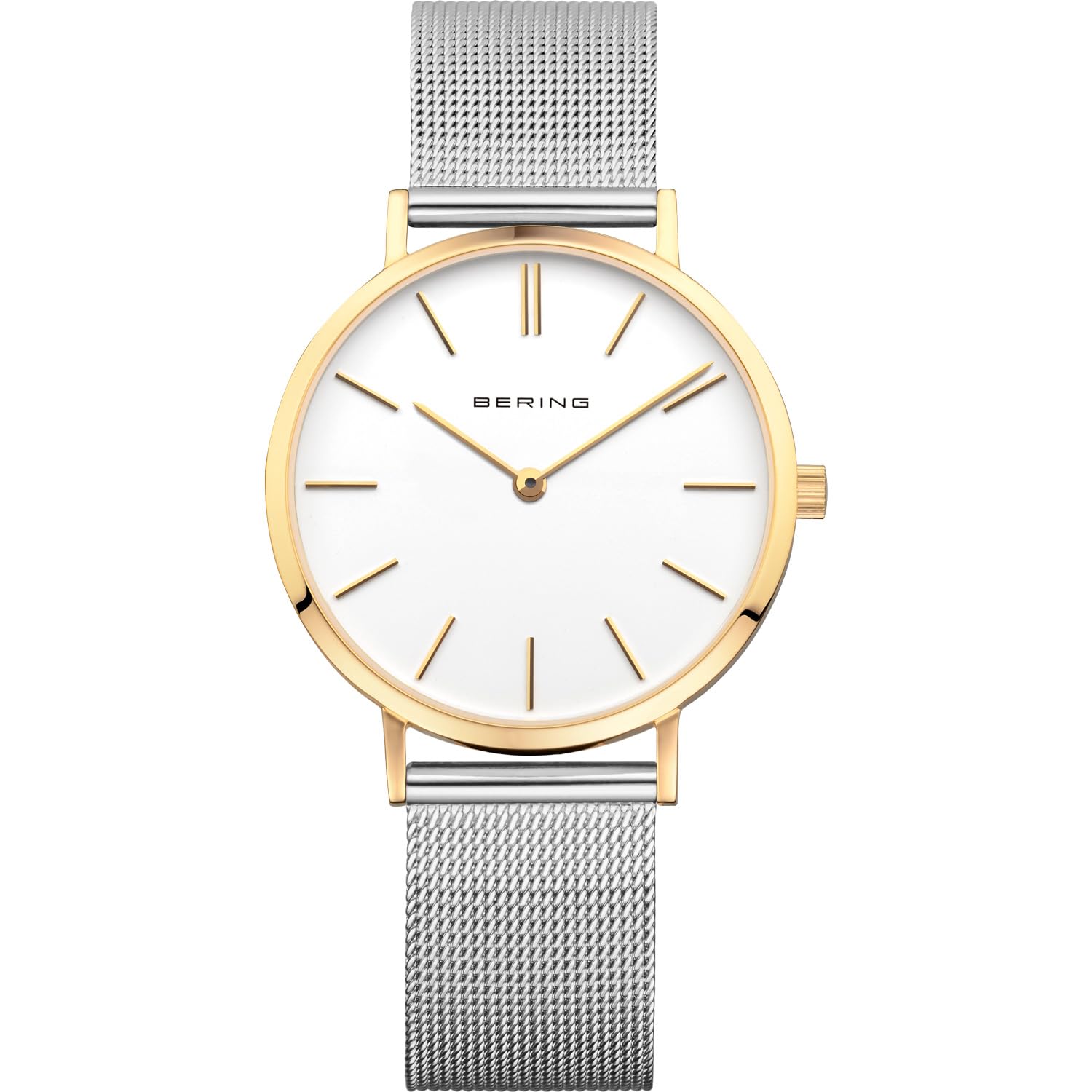Bering Women's Quartz Watch, 34 mm Gold Stainless-Steel Case and White Dial, Milanese Strap, Sapphire Crystal, 3 ATM, 14134-010