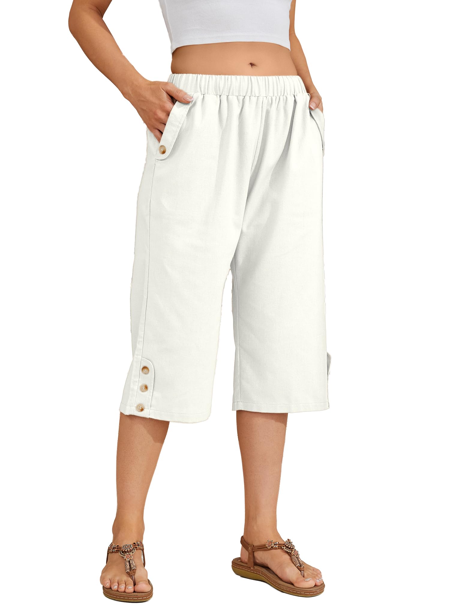 WROLEM Women Summer Capri Pants Casual Wide Leg Elastic Waist Lightweight Cropped Loose Pants with Pockets