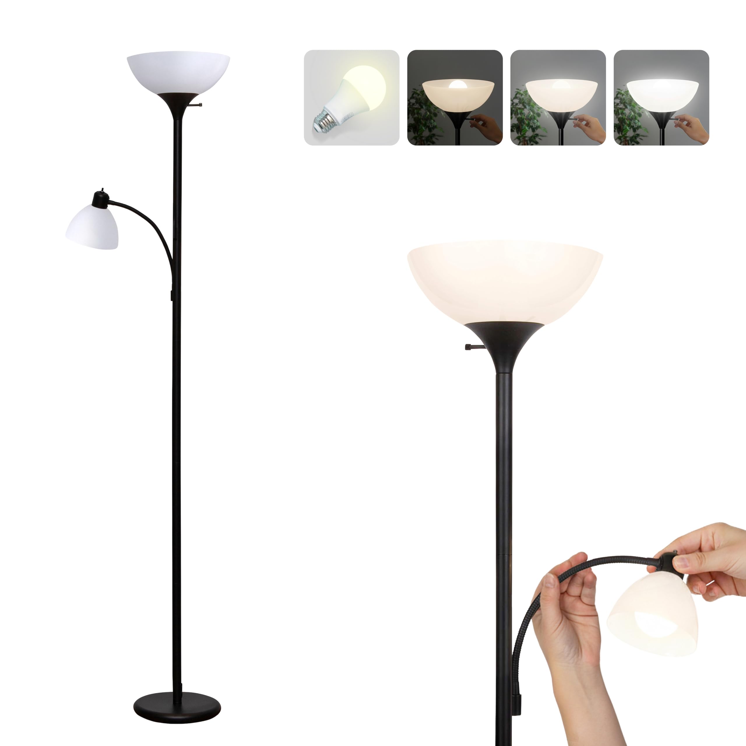 Brightech Sky Dome Plus LED Floor lamp, Torchiere Super Bright Floor Lamp with Reading Lamp for Living Rooms & Offices - Dimmable Tall Standing Lamp for Bedroom Reading - Black