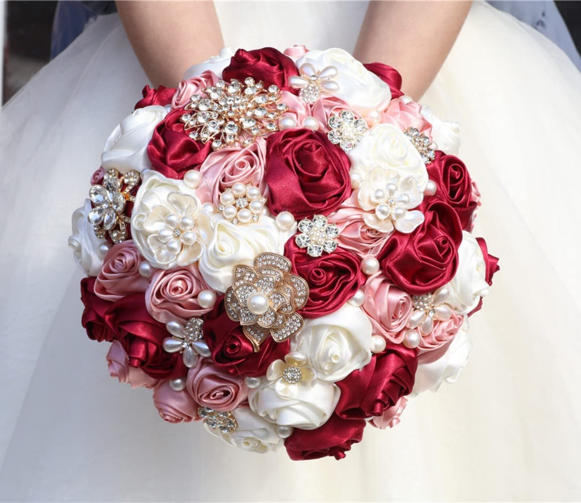Red rose romantic tiara crown wedding bouquet bride birthday quince Red and Champagne Quince Bouquet Red Bouquet Gold  main image 3