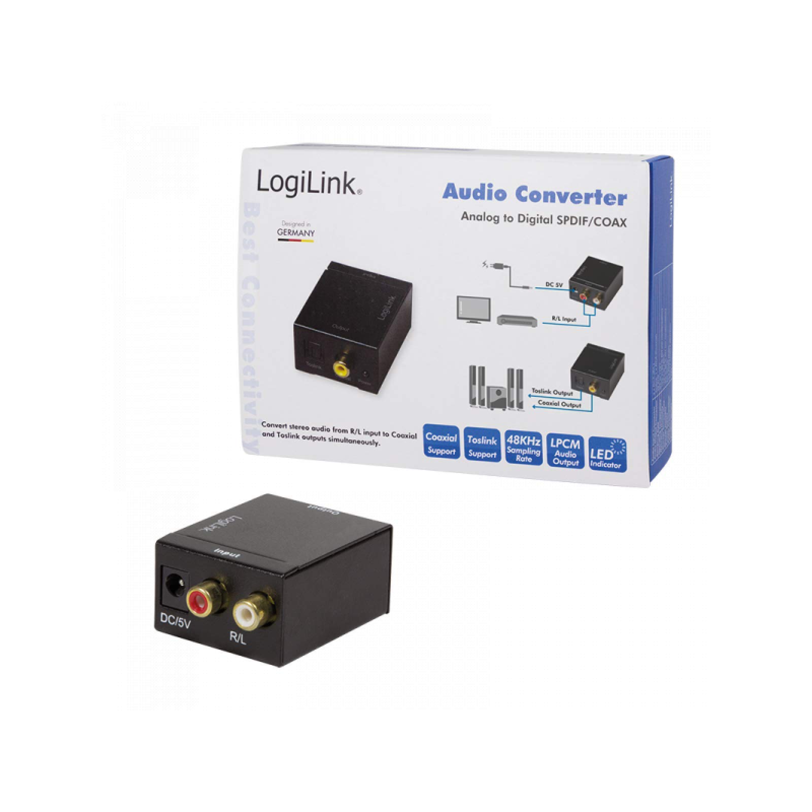 LogiLink CA0102 konwerter współosiowy i Toslink analogowy L/R na audio, elektromagnetyczny, bezszumowy transfer czarny