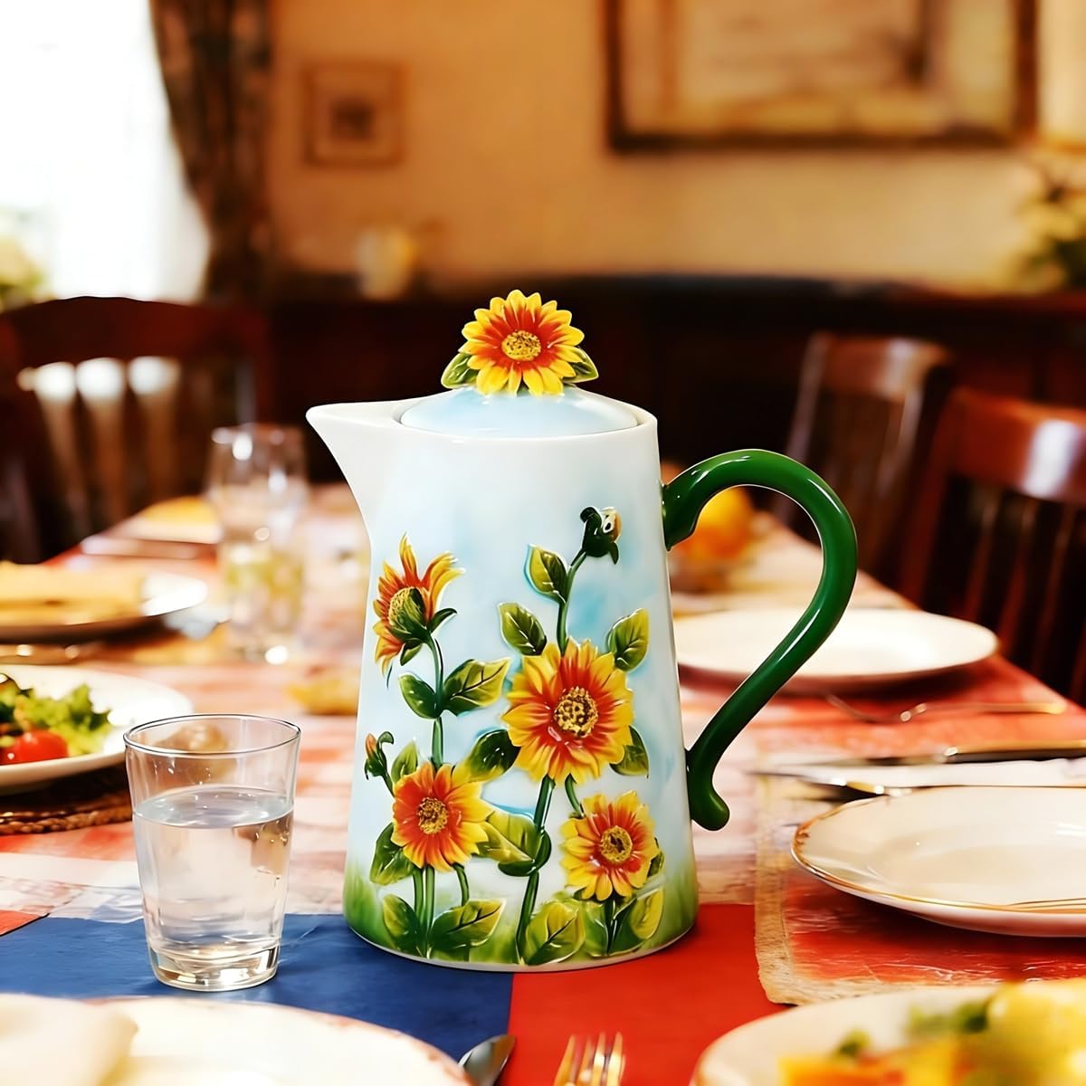 35 Oz Handmade Relief Painted Ceramic Pitcher with Lid & Handle, Decorative Ceramic Teapots, Multi Use Beverage Pitcher for Hot & Cold Water, Iced Tea, Coffee, Milk, Herbal Tea, Juice & Homemade Drink