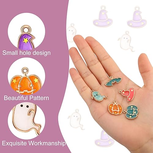 Miniatura 4 de LUTER 40 dijes de Halloween DIY, dijes de aleación multicolor de Halloween, calabaza, murciélago, patrón de sombrero de mago espeluznante, dijes de