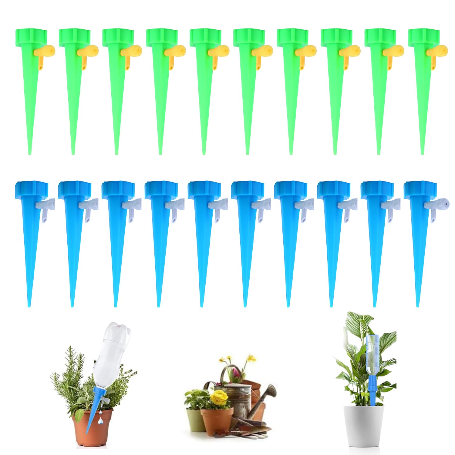 WUBAYI 20 Pack Automatic Plant Watering Spikes - Adjustable Drip Irrigation Stakes for Garden & Potted Plants | 10 Blue + 10 Green | Indoor/Outdoor Holiday Watering System
