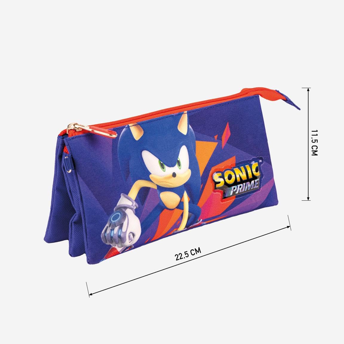 Sonic Prime Triple Compartment Pencil Case, Blue and Red, 22.5 x 2 x 11.5 cm, Made of Polyester, Zip Closure - Image 4