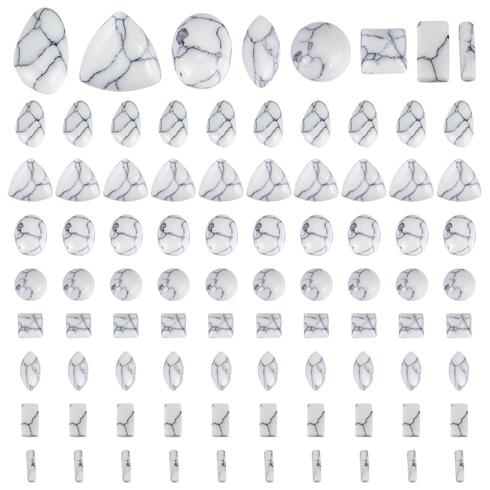 PH PandaHall 80pcs Stone Cabochons 8 Shapes Synthetic Turquoise Cabochons White Texture Gemstone Tiles Column Square Oval Beads Flat Round Cabochon