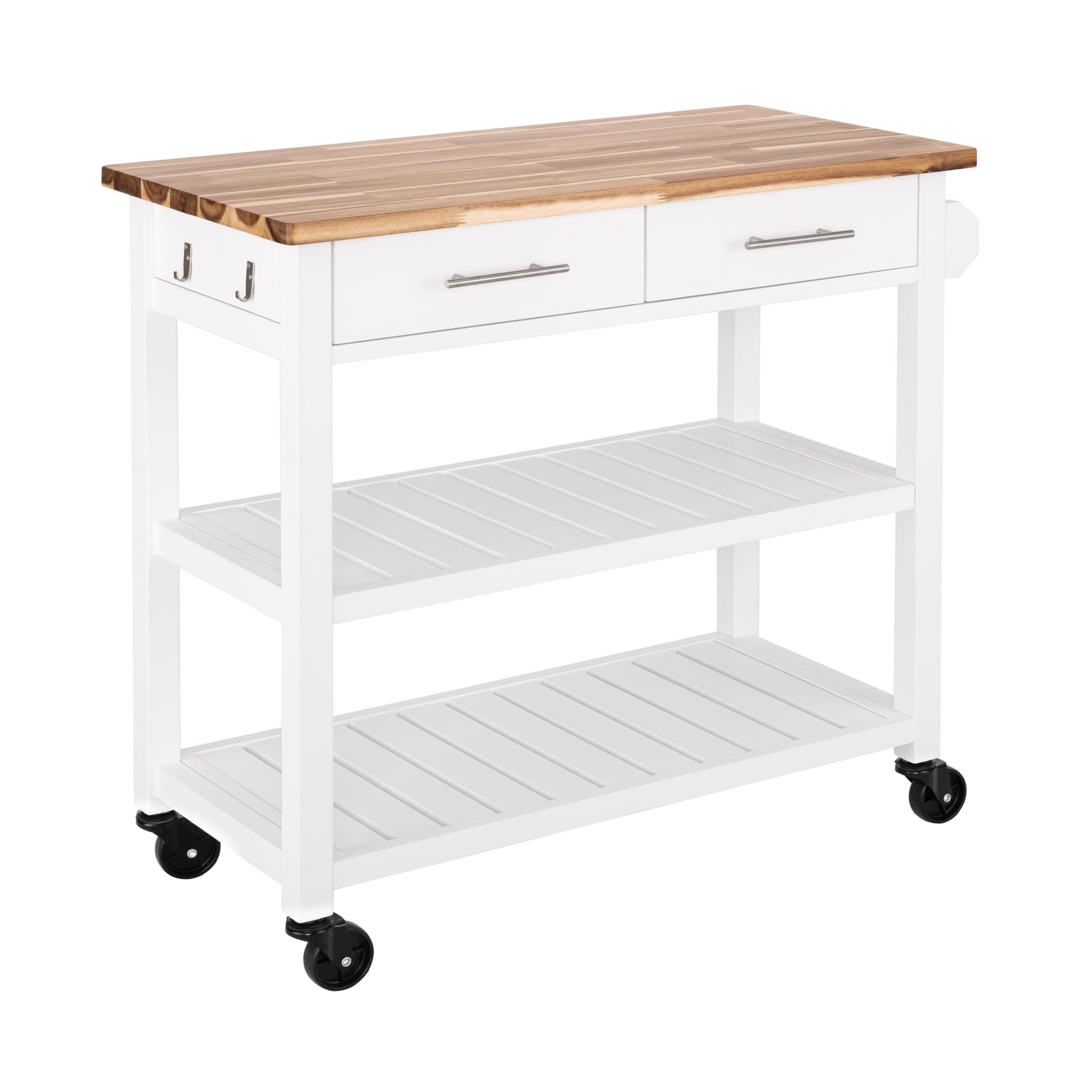 seville classics commercial work table island utility cart prep station, for restaurant, kitchen, warehouse, garage, hotel, home, white w/acacia wood top, 38.6" w x 18.5" d