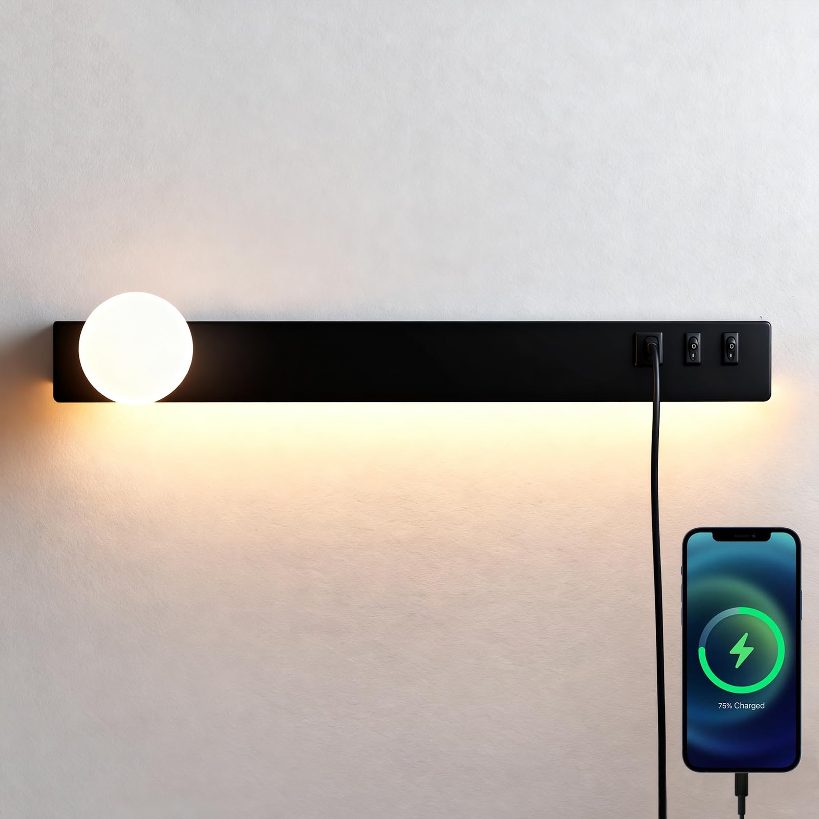 niuniaj 12W LED Wandlampe innen mit schalter+Kugel Leselampe mit USB-Anschluss,3 Farben,40CM Moderne Schwarz Wandleuchte innen für Schlafzimmer,Wohnzimmer,Flur,Hotel,Büro