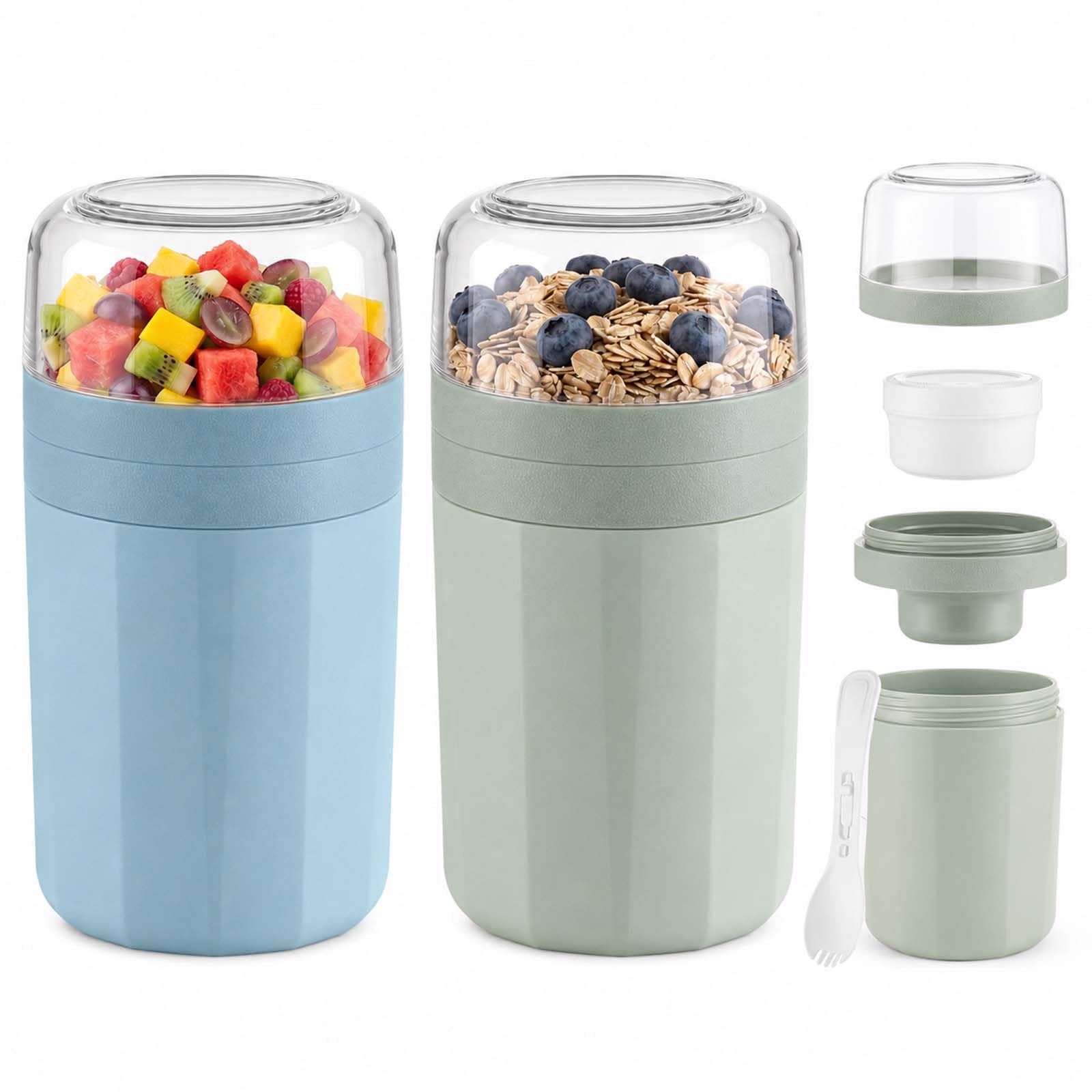 Qibivfo 2er Set Müslibecher to Go mit Gabel-Löffel, 520ML+250ML Joghurtbecher to Go Auslaufsicher, Müsli to go Becher mit Soßenbox, Müslischale für Frühstück, Arbeit, Schule und Picknick, Grün & Blau