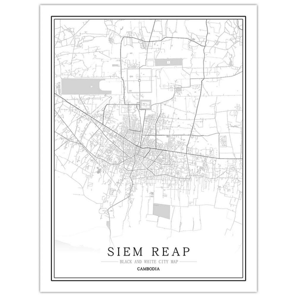 Carte de Siem Reap 70x100cm | Affiche de ville noire et blanche style moderne pour bureau