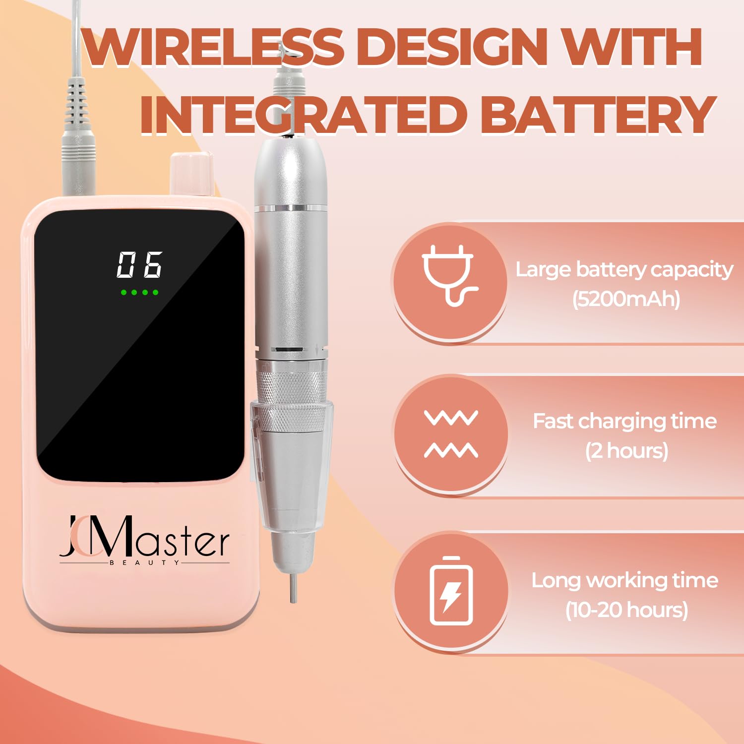 JCMaster Fresa de uñas para principiantes y profesionales para uñas de gel sin cables, juego de pedicura para el cuidado de los pies eléctrico, Rosa
