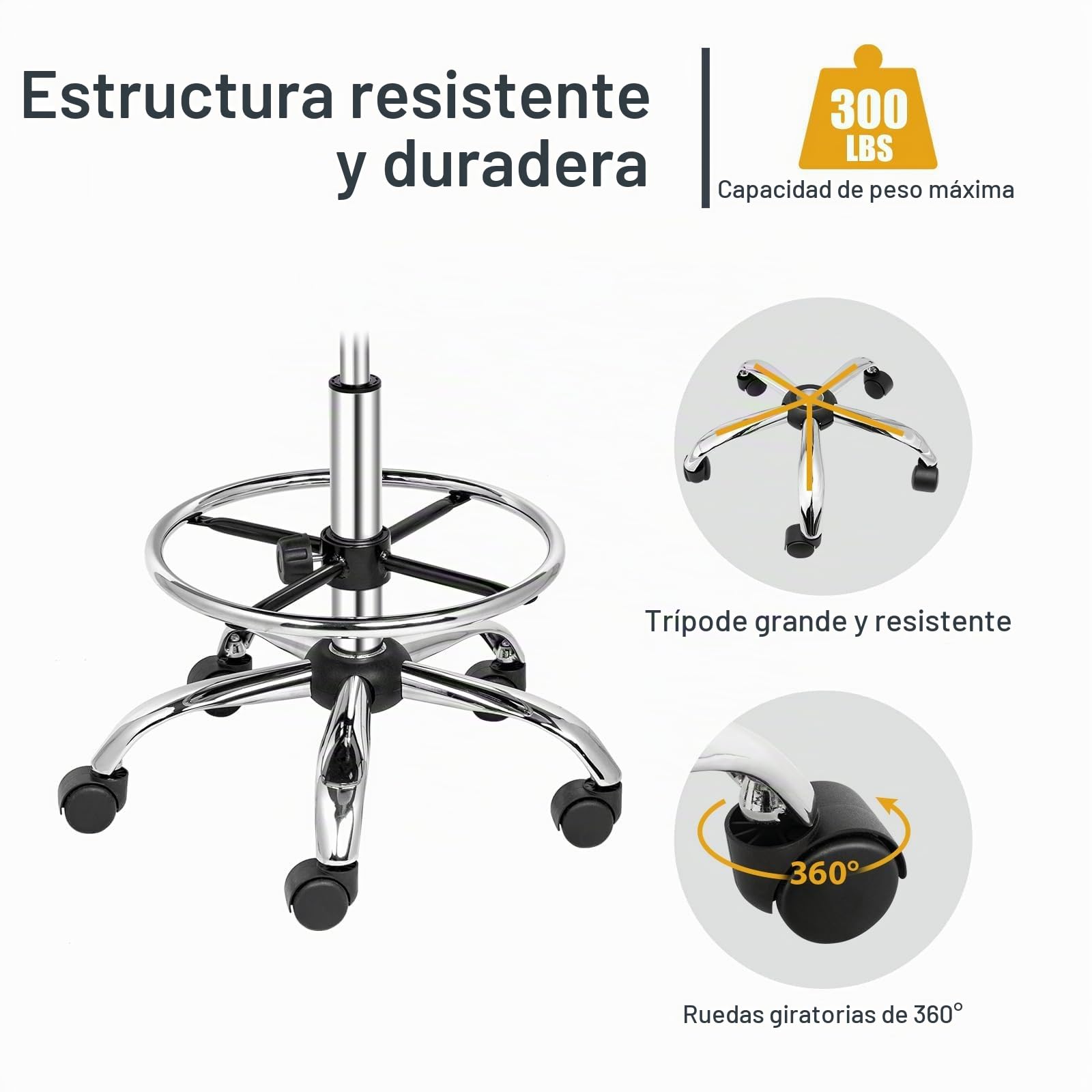 Bonnlo Taburete con Ruedas Ajustable en Altura 60-72cm con Respaldo Desmontable, Taburete de Trabajo Giratorio 360°, Soporta hasta 136 kg. Taburete de Oficina para Oficina/Salón/Bar, Color Negro