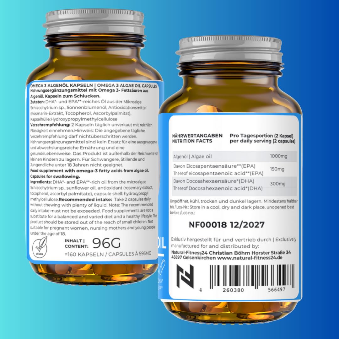Natura-Fitness24 Vegane Omega-3 Kapseln aus Algenöl, 160 Kapseln à 500mg
