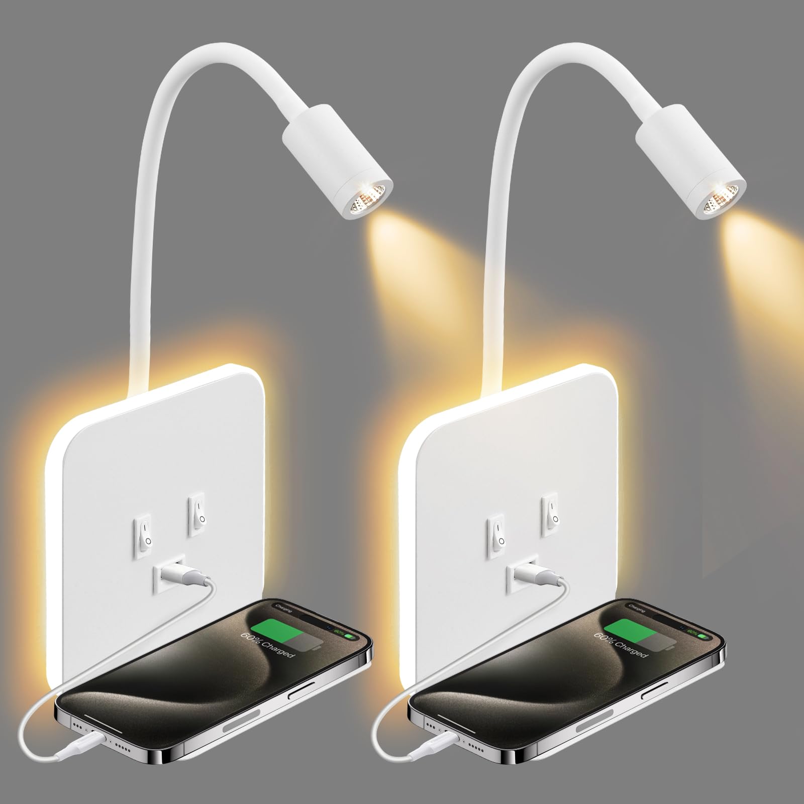 2pcs Lampada da Parete a LED, Lampada da Comodino a Collo di Cigno, Lampada da Lettura Regolabile da Comodino, Luce da Lettura 3 in 1 con Porta di Ricarica USB, Supporto per Cellulare(Bianco)