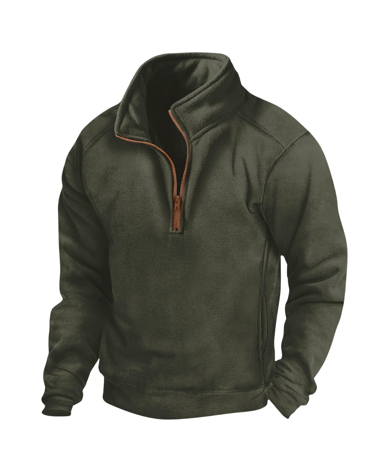 Mens Stand Collar Half Zip Warm Fleece Fall Sweatshirt Long Sleeve Slim Fit Tactical Shirt with Arm Zipper pocket