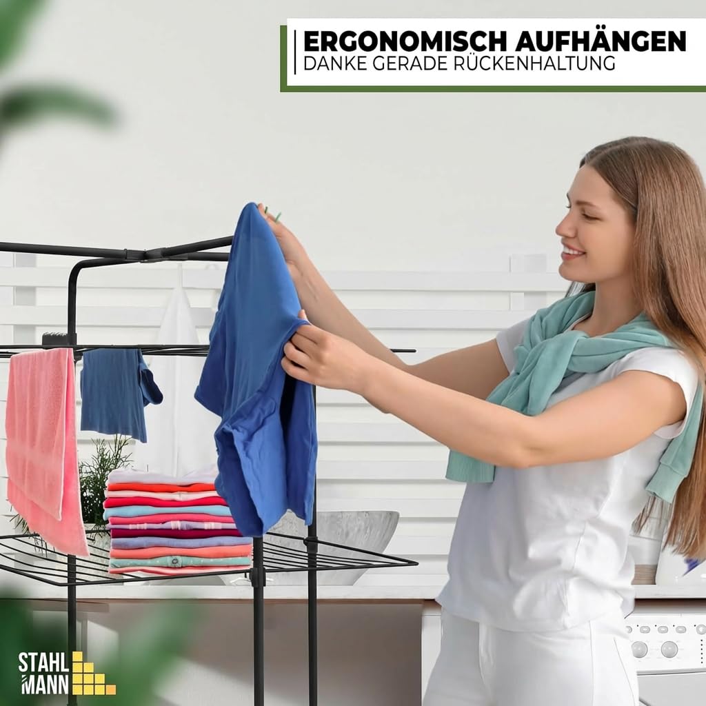 STAHLMANN® Wäscheständer Turm [30 m Trockenfläche] – Turmwäscheständer [3 Etagen] – Wäschesturm [mit Rollen] – platzsparender Wäscheständer in Schwarz