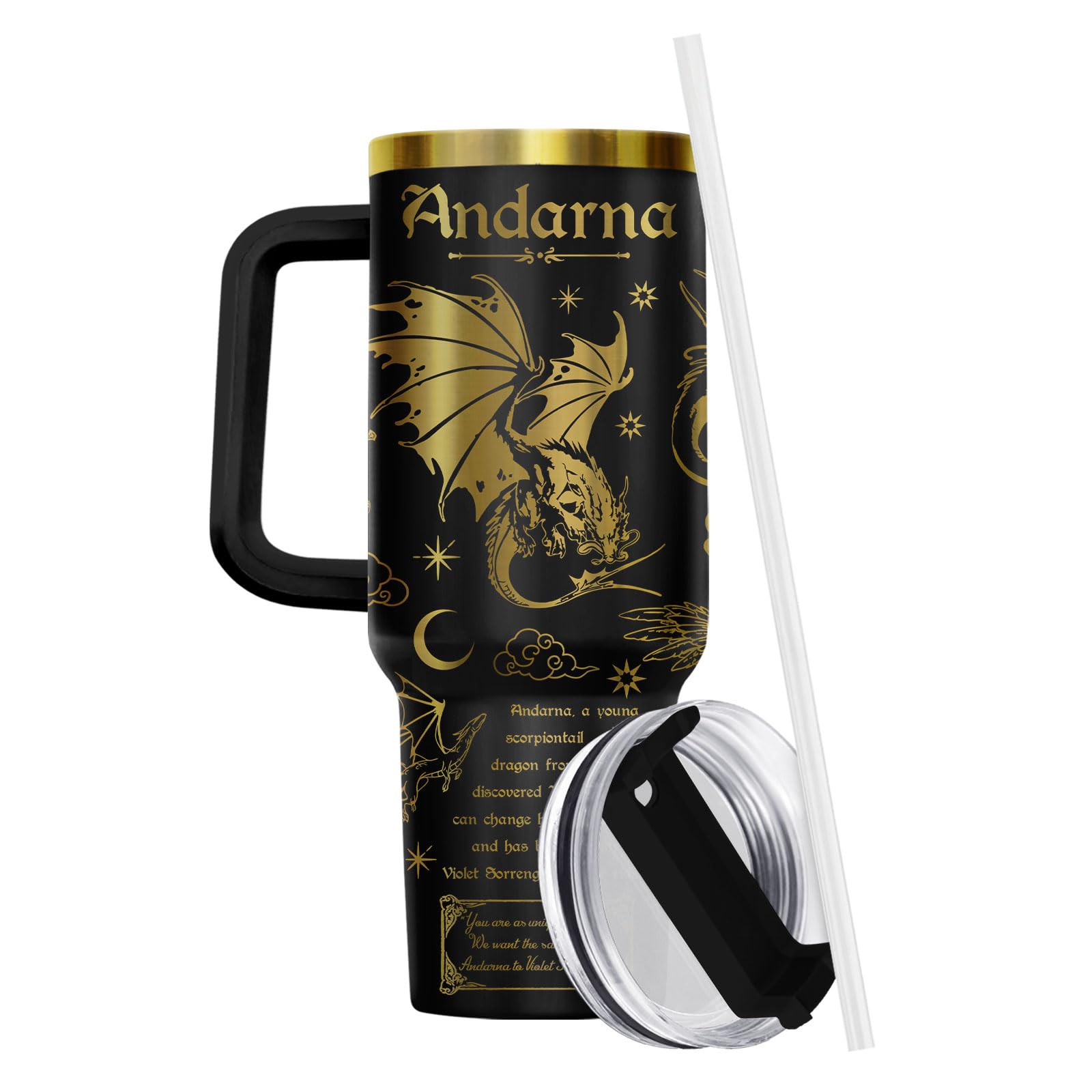 34HD Fantasie-Drachenbecher, 1213 ml, Edelstahlbecher mit Deckel und Strohhalm, flügelinspiriertes Geschenk für Fans und Fantasy-Leser