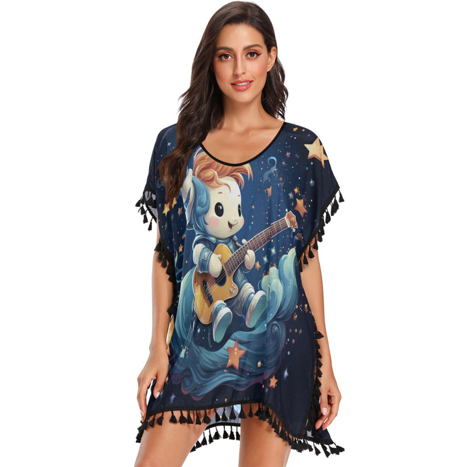 Cartoon Star Unicorn Guitar Women's Beach Cover Up Chiffon Tassel Swimwear Swimsuit Coverups for Girl