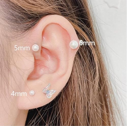Miniatura 4 de Aretes de perlas con cierre de rosca, parte trasera plana, cartílago de perla, hélix, aretes de acero quirúrgico 316L, joyería de piercing para