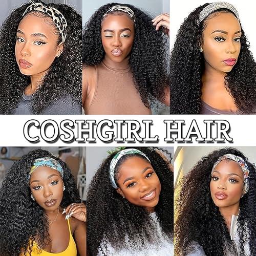 Image of Kinky Curly Headband Wigs Curly Headband Wig Human Hair for Black Women 150% Density Headband Wig Human Hair Glueless None Lace Front Wigs Headband Half Wigs Natural Color 20Inch