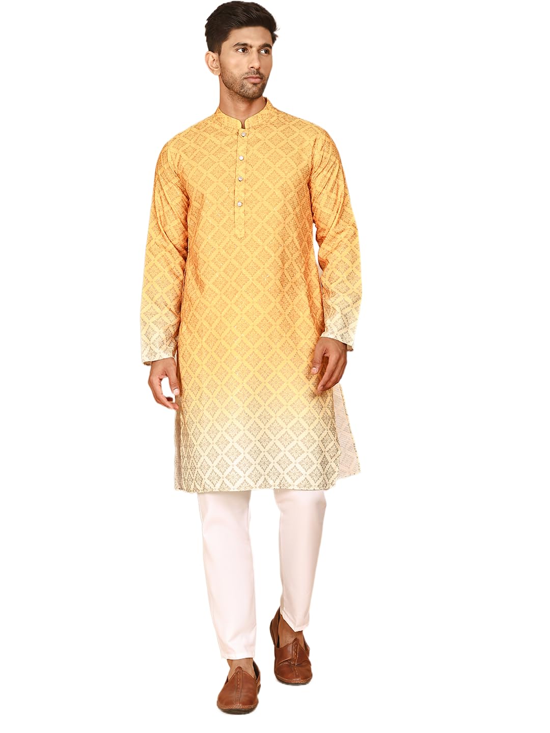 jompers Thread Work & Sequin Embellished Printed Kurta Set for Men (Mustard, S)-picture-21