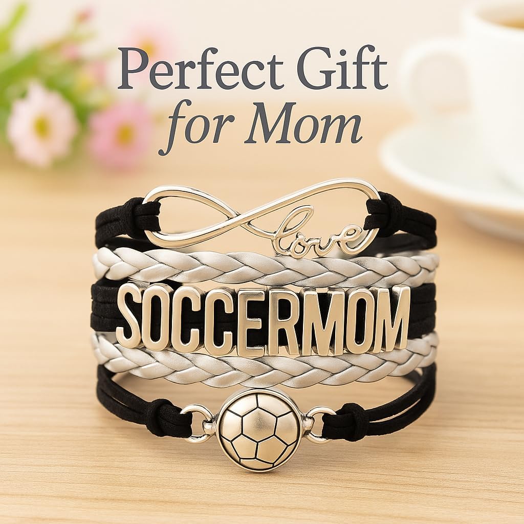 Soccer Mom Bracelet – Infinity Love Charm Adjustable Braided Wrap Bracelet for Women | Soccer Ball Jewelry Gift for Mother’s Day, Birthday, or Team Mom Appreciation | Sports Moms