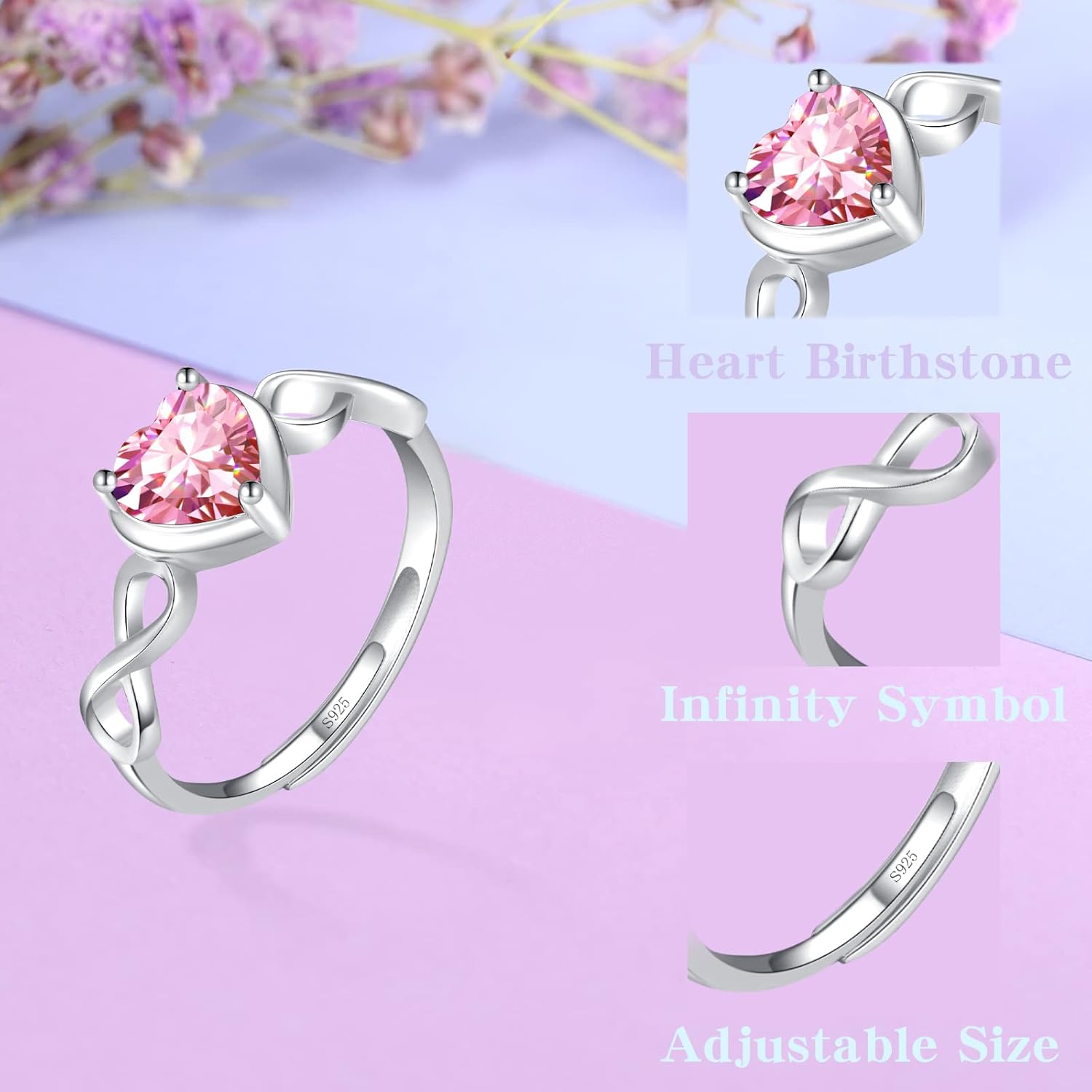Shysnow Birthstone Infinity Heart Ring for Women 925 Sterling Silver Adjustable Open Infinity Symbol Promise Cubic Zirconia Dainty Engagement Wedding Simulated Gemstone Rings for Mothers Wife - Image 4