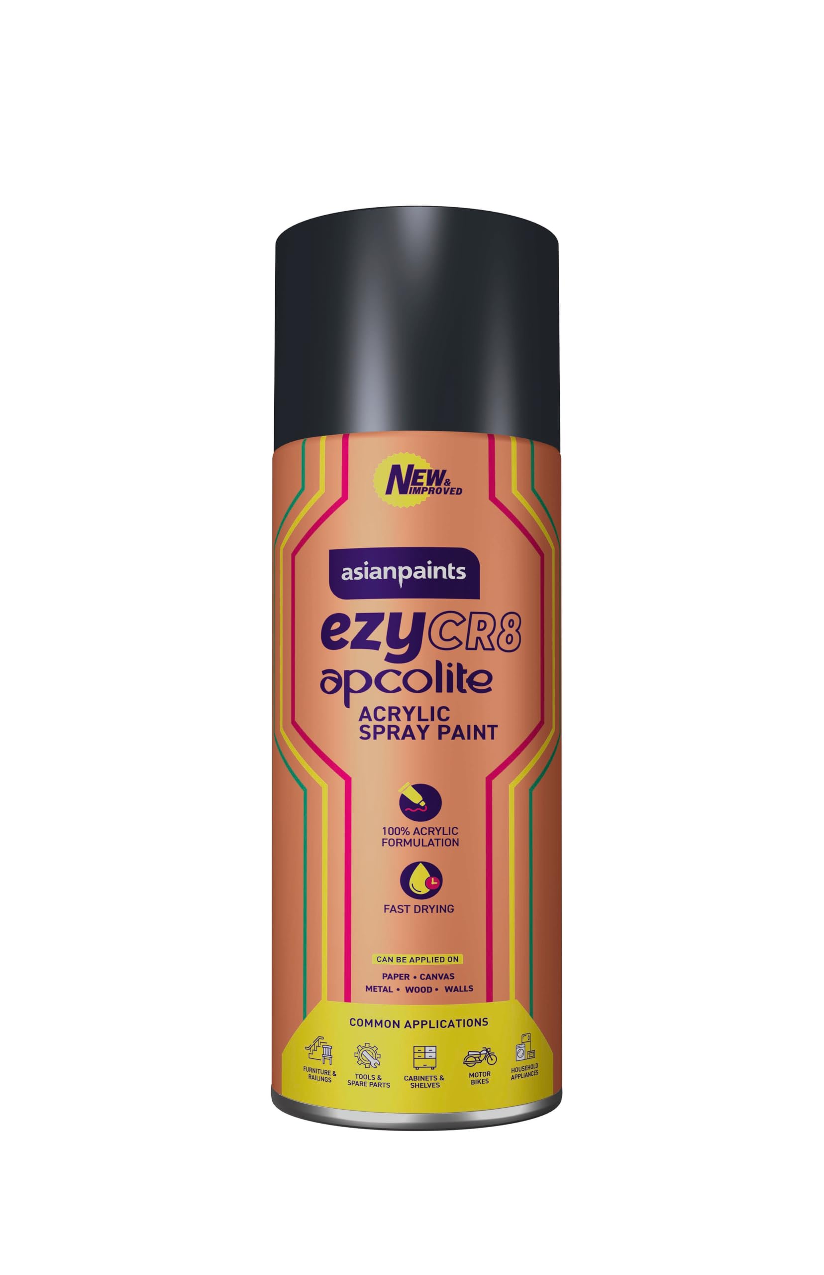 Asian Paints ezyCR8 Apcolite Enamel Paint Spray (Black) Multi-Surface DIY Spray Paint for metal wood wall – 250 g (400ml)