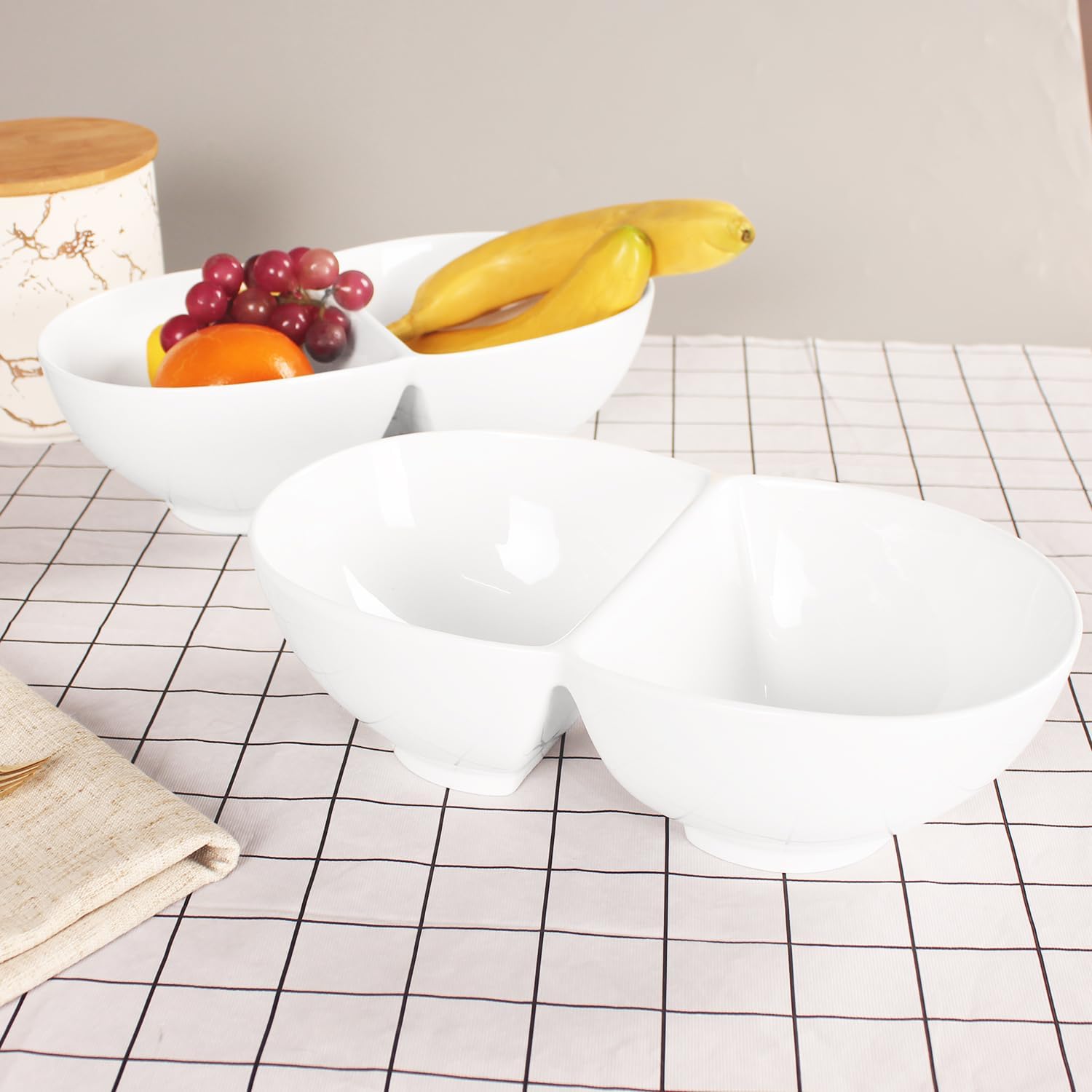 Creative Home Chip and Dip Bowl Set, Ceramic Divider Bowl, Plate, 1.55-Quart Moisture-Proof Cereal Bowl, Buffet Serving Set, Dishwasher, Microwave, Oven Safe, 11.8 Inch