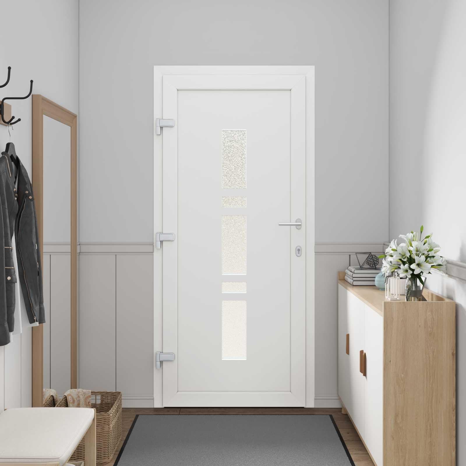 Antracytowe drzwi wejściowe PCW 88 x 200 cm z wkładkami szklanymi, drzwi wejściowe do użytku wewnątrz i na zewnątrz, łącznie z uchwytem i zawiasami, odpowiednie do renowacji, nowego budynku i