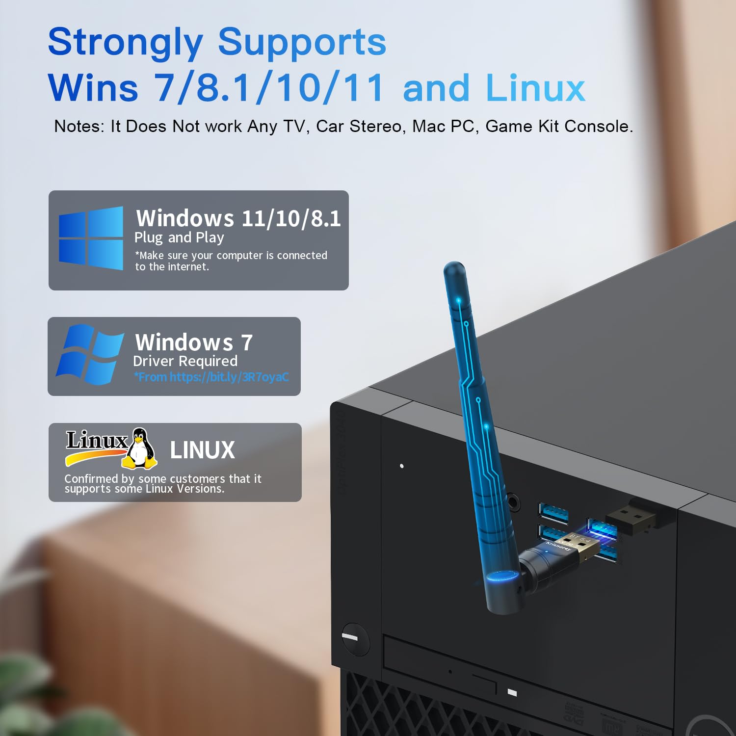Adaptador Bluetooth 5.4 de largo alcance actualizado para PC, 5dBi de alta ganancia USB inalámbrico para Windows 11/10/8.1/7 computadora portátil Linux, enchufe y par teclado, ratones