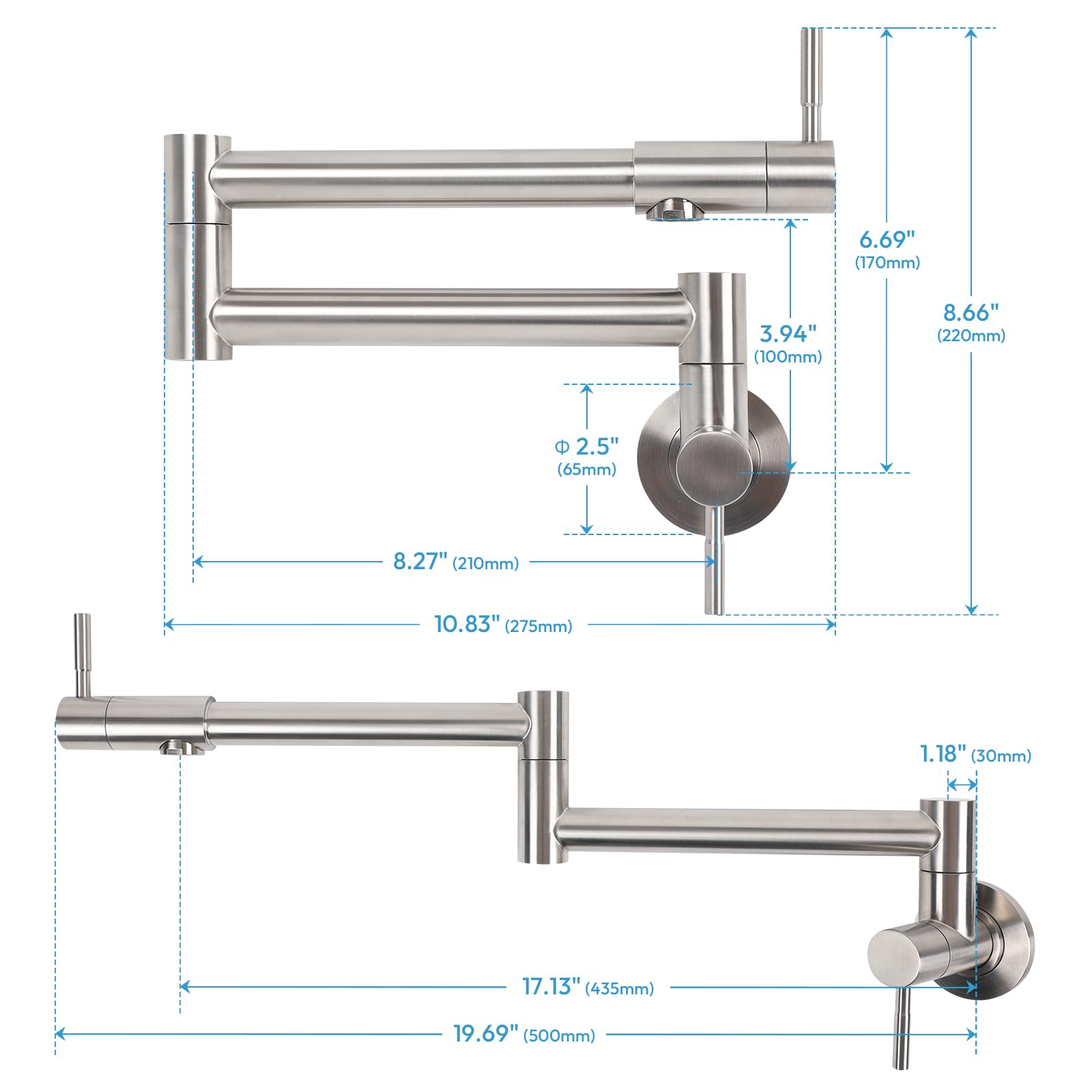 Besdor Grifo de llenado de ollas, de acero inoxidable, níquel cepillado, montaje en pared con brazos oscilantes de doble junta, grifo de cocina plegable de un solo agujero, dos asas, acero inoxidable