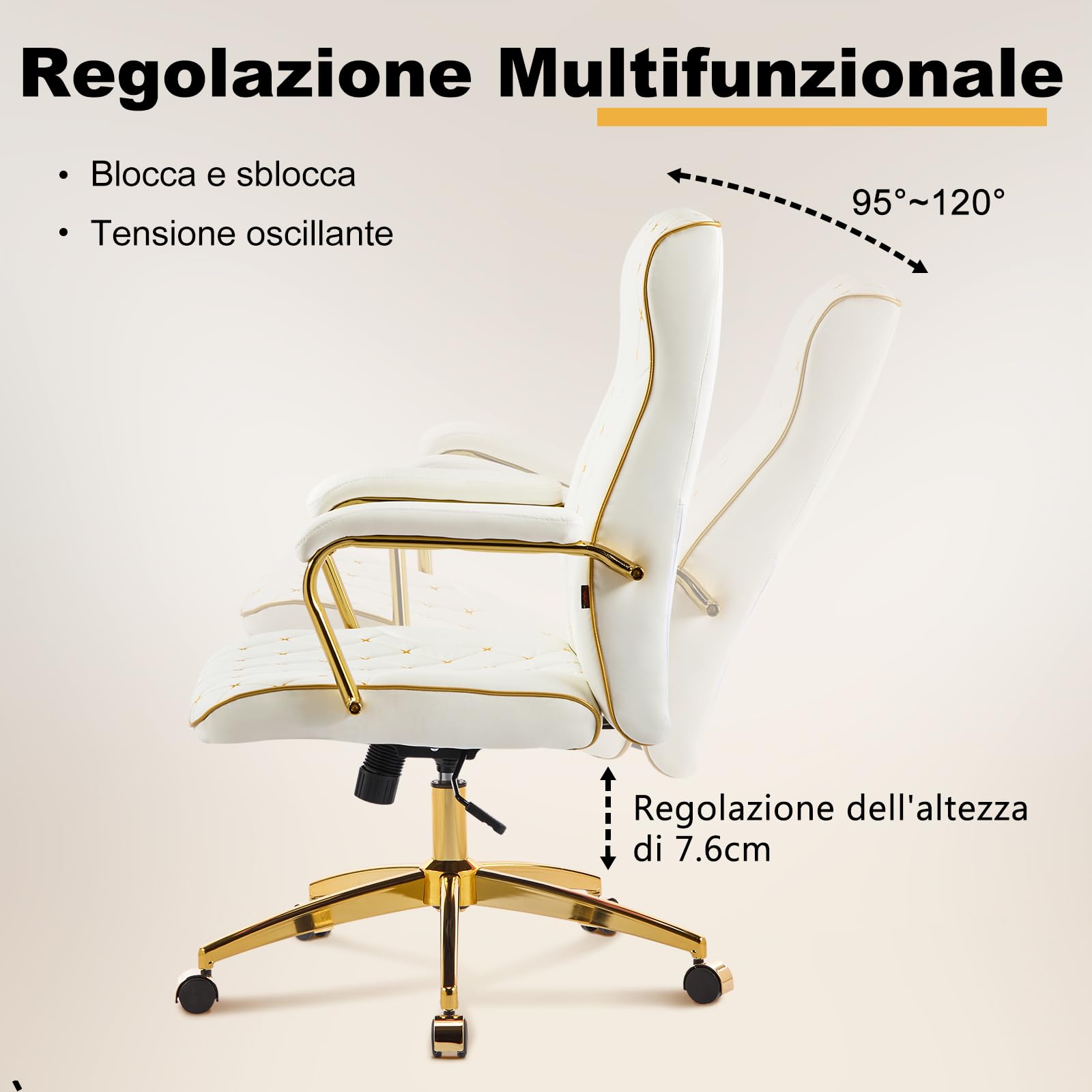 Sedia Ufficio Ergonomica, Poltrona Direzionale in Pelle PU, Sedia da Ufficio con Seduta Ampia, Sedie Scrivania Reclinabile Girevoli Altezza Regolabile 136kg, Bianco