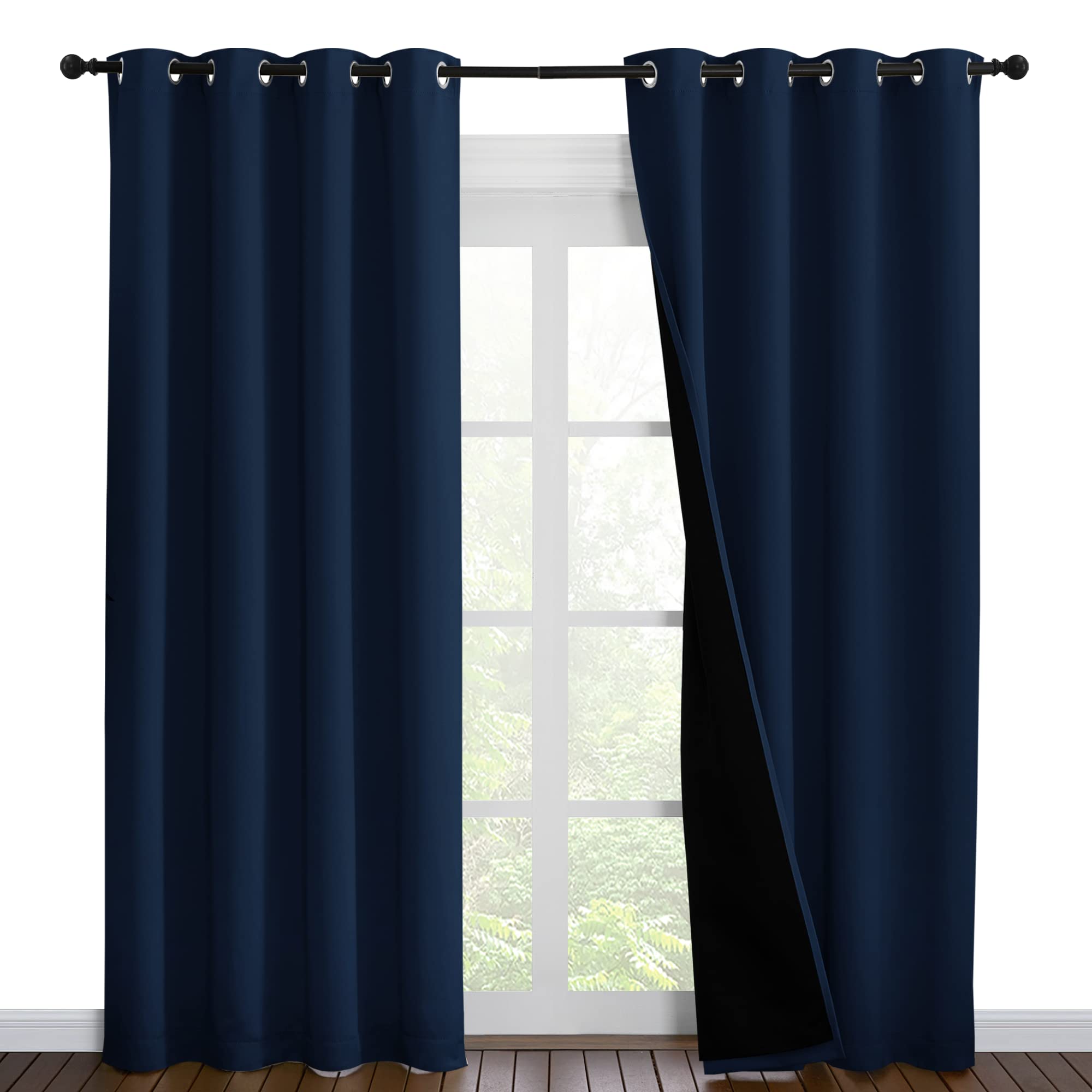 NICETOWN 100% Blackout Curtain Set, Thermal Insulated &amp; Energy Efficiency Window Draperies for Guest Room, Full Shading Panels for Shift Worker and Light Sleepers, Navy Blue, 55W x 86L, 2 PCs