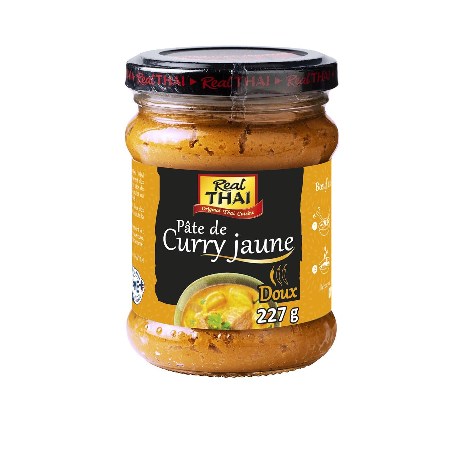 REAL THAI - Pâte de Curry Jaune - Doux · Le Plus Doux des Currys Thaï · Parfaite avec Lait de Coco, Poulet ou Bœuf · Idéale pour Toute la Famille - Le Pot de 227g - Le Lot De 4